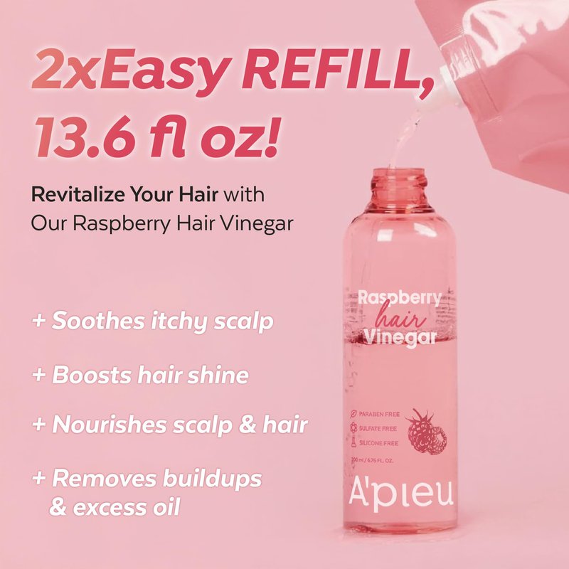 A’PIEU Raspberry Hair Vinegar Rinse & Refill Set for Scalp Detox & Clean, Smooth & Shiny Hair, Clarifying Treatment for Dandruff, Buildup, pH Balancing, Korean Haircare (6.76 fl oz |13.6 fl oz)