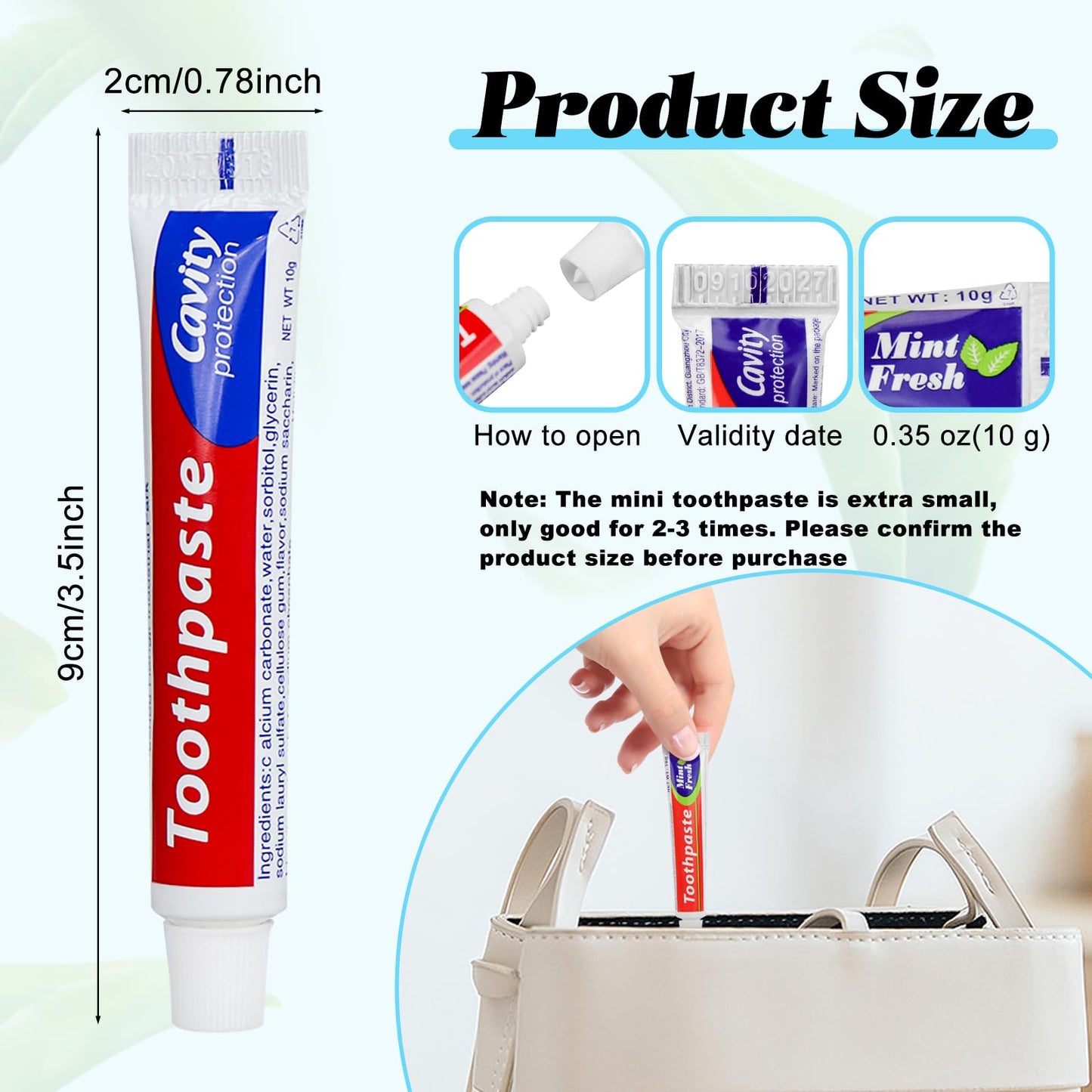 HOIQIRY 100 Tubes Extra Small Travel Size Toothpast Bulk,0.35 oz/10 Grams Mint Small Disposable Toothpaste 0.8x3.5 inches Single Use Bulk Toothpaste Travel Size for Hotel,Camping,Homeless,Guests