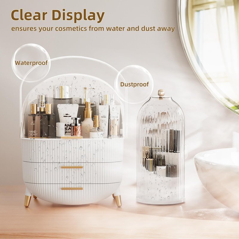 fanado Makeup Organizers Countertop, Makeup organization for Vanity, Cosmetic Storage with Lid and Drawers, Skincare Display Cases with for Desktop, Bathroom (Green)