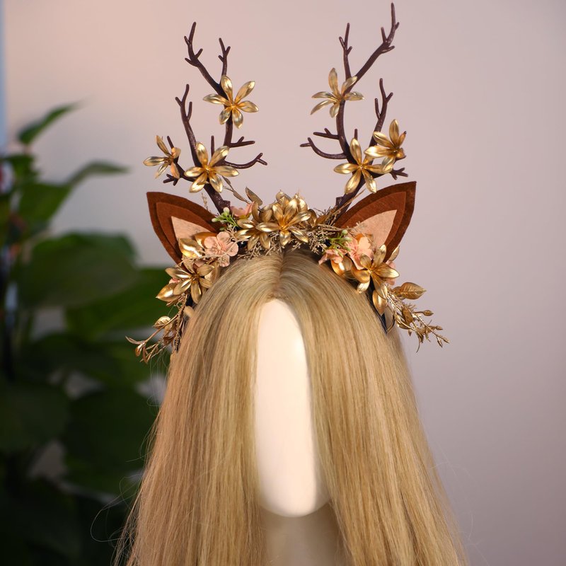 MOSTORY Handmade Antler Branch Headband Gold - Adjustable Reindeer Tree Crown with Flowers Floral Woodland Headpiece for Renaissance Christmas Cosplay Prom Costume Photo Props