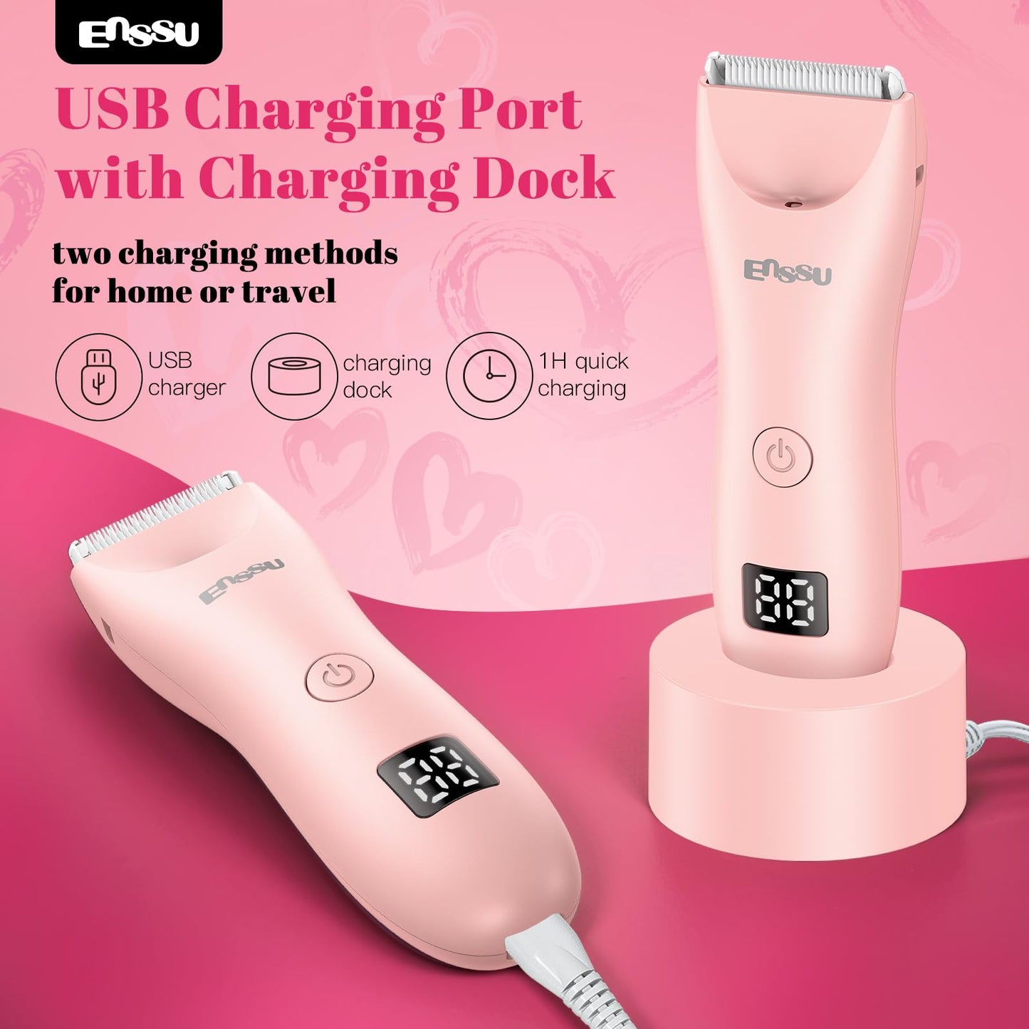 ENSSU Bikini Trimmer for Women - 2 in 1 Pubic Hair Trimmer IPX7 Waterproof, Razors for Women with LED Light & USB Charge, Painless Electric Shaver with Ceramic Blade for Bikini Legs Arm Underarm