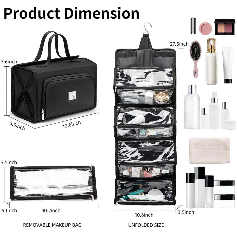 ROYALFAIR Roll Up Makeup Bag, Waterproof Toiletry Bag for Women, Hanging Travel Organizer bags with Jewelry Organizer Compartment, Extra Large 4 Clear TSA Approved Pouches Cosmetic Makeup (black)