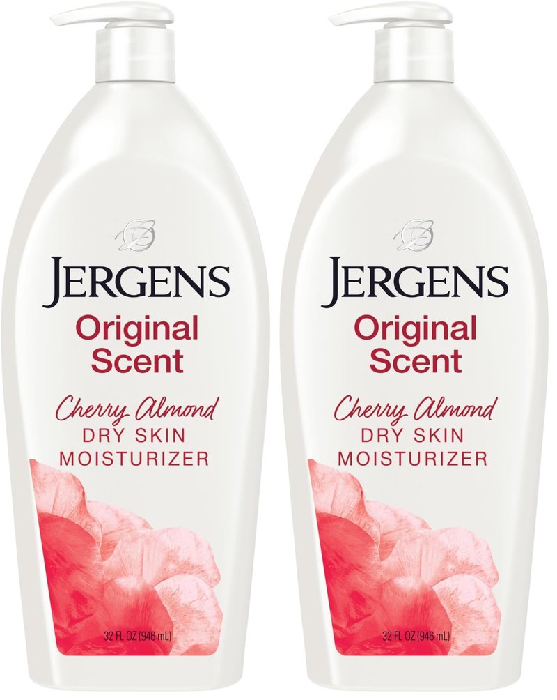 Jergens Original Scent Dry Skin Body Lotion, Hand and Body Moisturizer, Cherry Almond Essence, Dermatologist Tested, 32 Oz (Pack of 2)