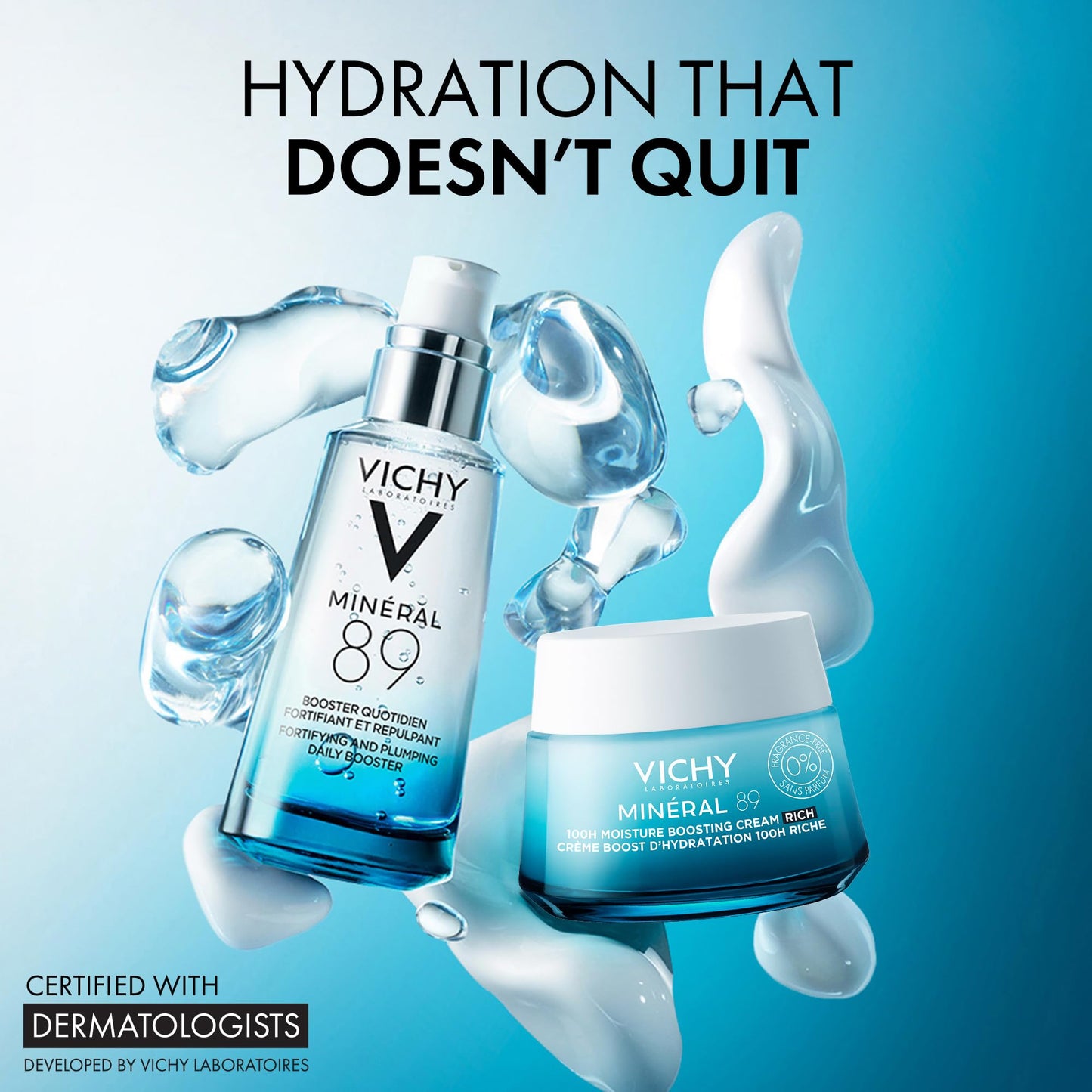 Vichy Rich Fragrance Free Hydration Duo with Mineral 89 Fortifying & Hydrating Daily Skin Booster + Vichy Mineral 89 Fragrance Free Rich Cream, Moisture Boosting Cream, For Dry, Sensitive Skin