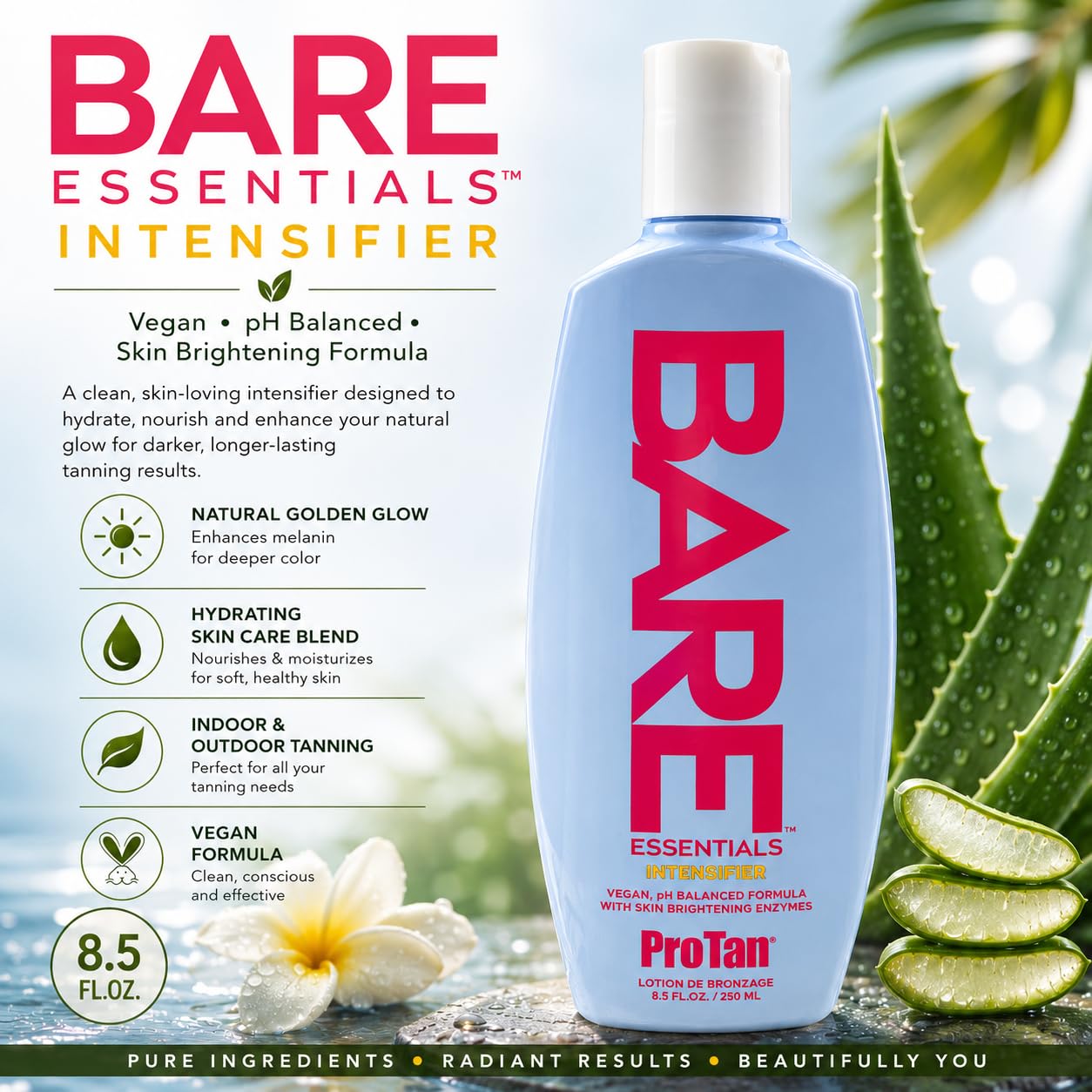 Pro Tan Bare Essentials Intensifier Tanning Lotion 8.5 fl oz – Vegan pH Balanced Formula with Aloe, Coconut Oil, Jojoba & Vitamins – Indoor Outdoor Tan Enhancer with Skin Brightening Enzymes