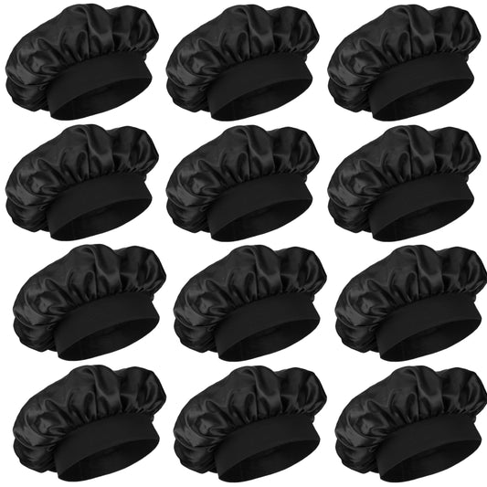 12 Pieces Silk Bonnet for Women Curly Hair Satin Bonnet Hair Wrap for Sleeping Cap with Tie Band (Black)