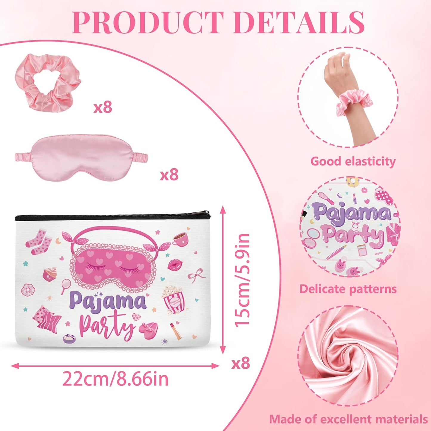 Sleepover Party Supplies - 24 Pcs Spa Party Kit for Girls | Makeup Bags, Satin Eye Masks & Scrunchies