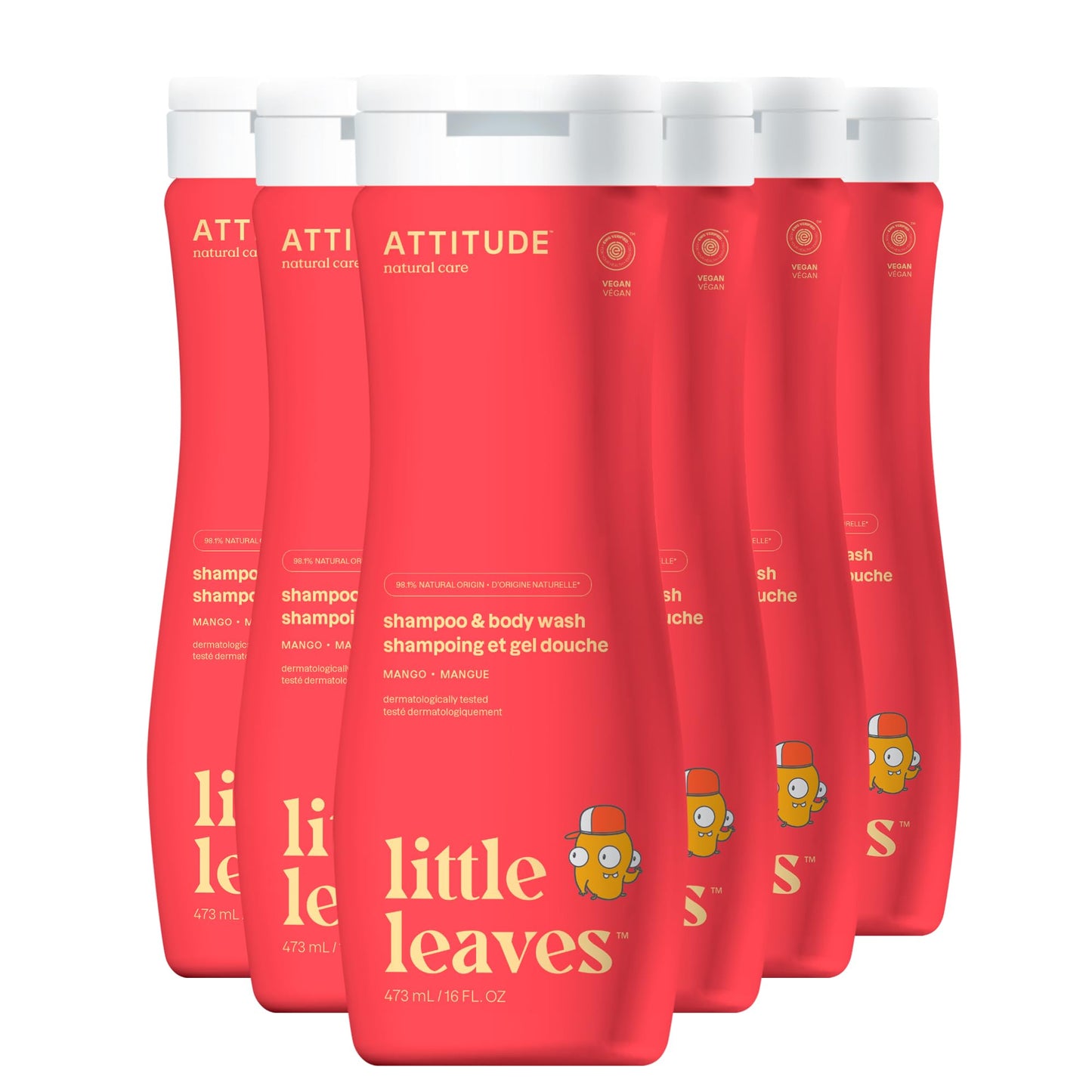 ATTITUDE Shampoo and Body Wash for Kids, EWG Verified Hair and Body Cleanser, Dermatologically Tested Soap, Plant and Mineral Based Bath Products, Vegan, Mango, 16 Fl Oz (Pack of 6)