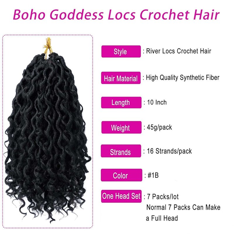 Goddess Locs Crochet Hair 10 Inch 7 Packs Boho Faux Locs Crochet Hair for Black Women Pre Looped Crochet Locs with Curly Ends (#1B)