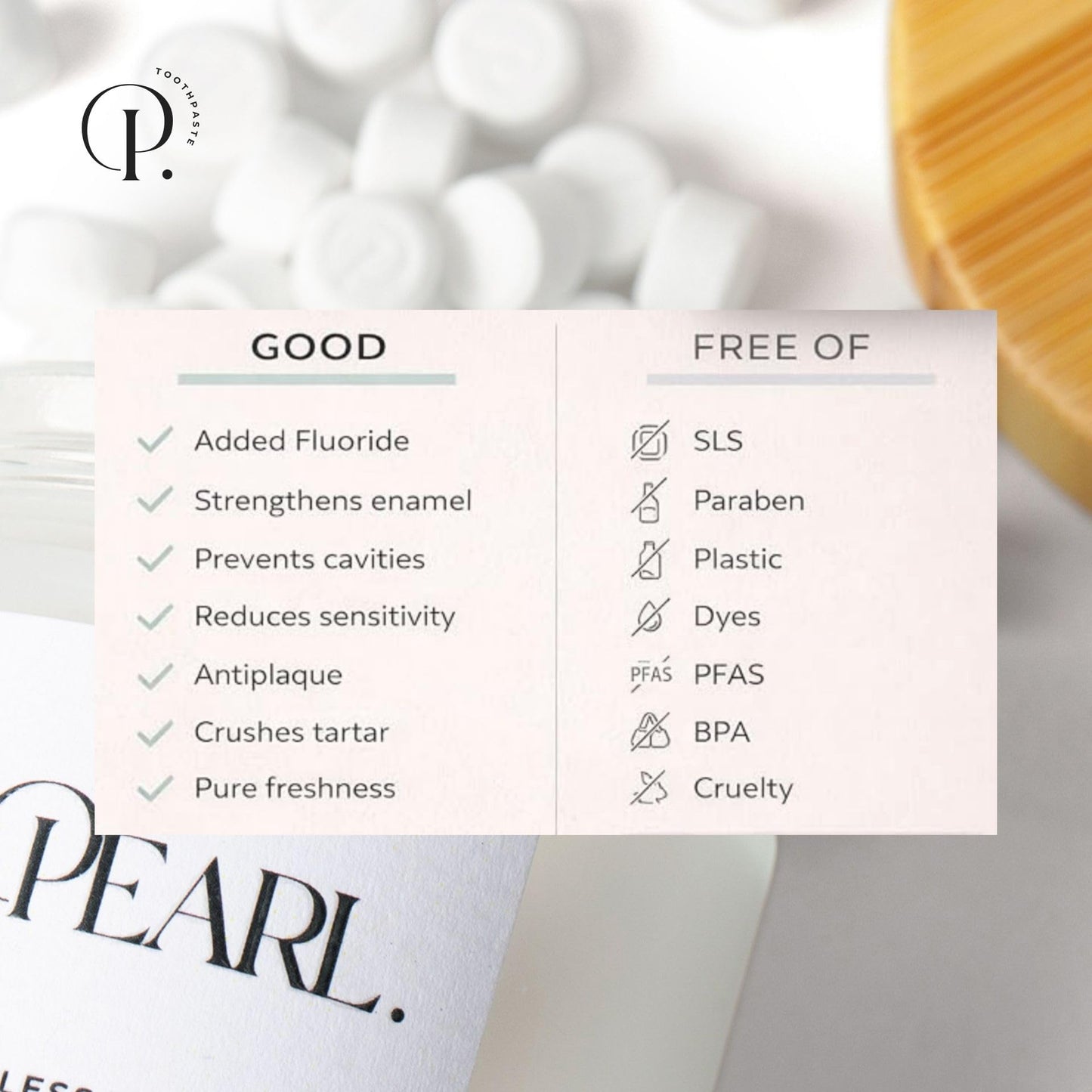 Pearl. Lux: Sea Glass Jar + 62 Tablets + Mint Floss + Bamboo Toothbrush | Dentist Designed | Natural Whitening | TSA Approved | Reusable Packaging