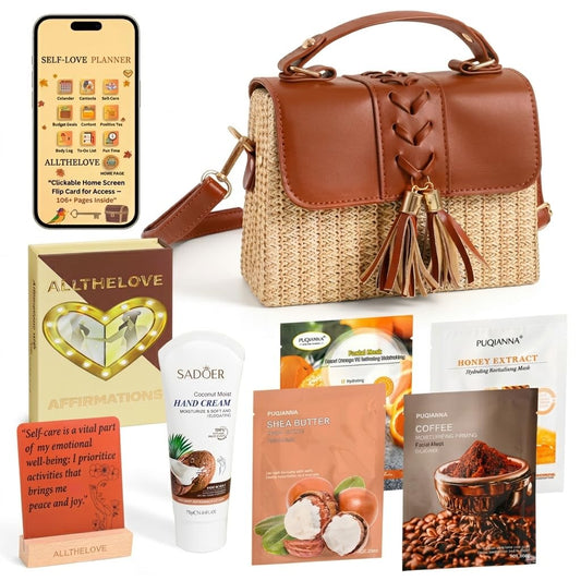 ALLTHELOVE New Mom Gift Basket, New Mom Care Package for Women, Postpartum Spa Gift Set with Rattan Purse, Affirmation Cards, Clickable Digital Planner, Face Masks & Lotion