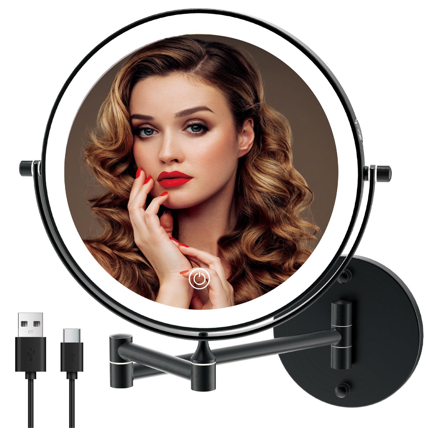 MIROAMZ Rechargeable Wall Mounted Lighted Makeup Vanity Mirror 8 Inch Double Sided 1X 10X Magnifying Bathroom Mirror, 3 Color Lighting, Touch Screen Dimming, 360 Rotation Shaving Matte Black