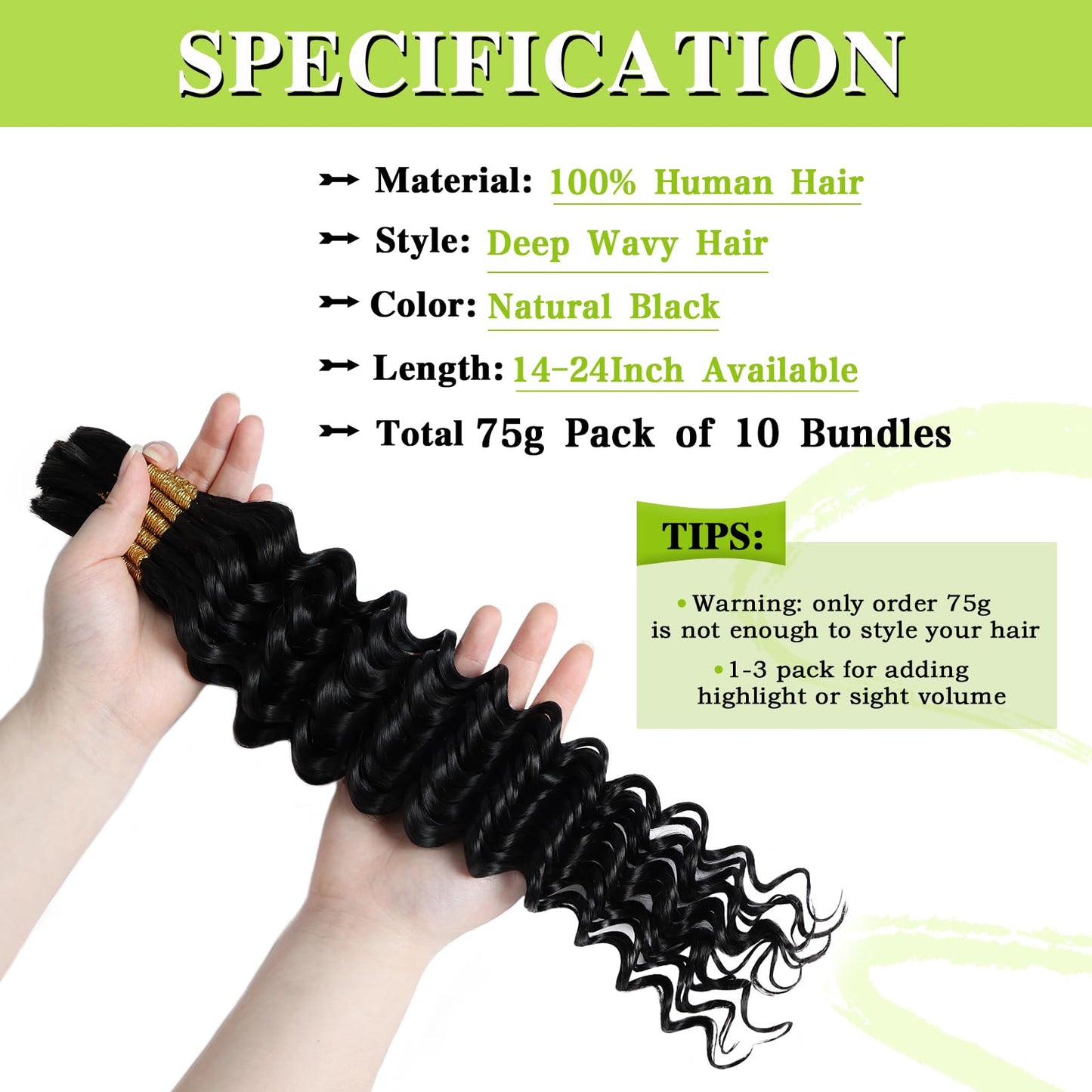 Human Braiding Hair 12A Deep Water Wave Bulk Human Hair 75g 18 Inch No Weft 10 Braids Per Pack Wet and Wavy Braiding Natural Black