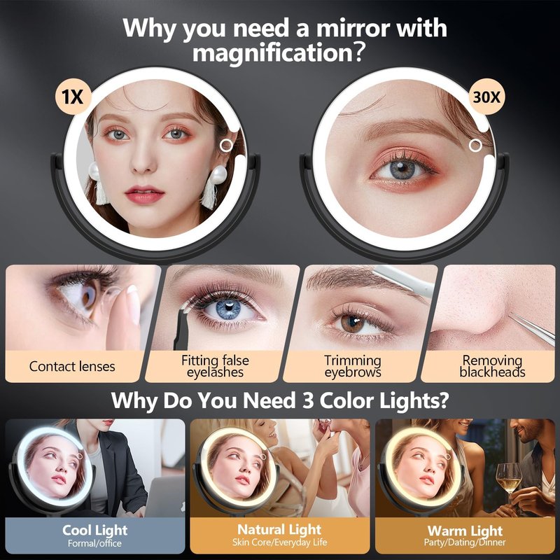 Makeup Mirror with Lights - 30X Magnifying Vanity Mirror | Adjustable Height, 3 Color Modes, 80 LEDs - Black