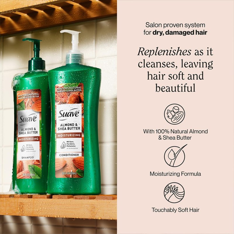 Suave Shampoo and Conditioner Set, Keratin Infusion + Almond & Shea Butter – Frizz Control and Moisturizing Hair Care Bundle, 28 Oz Ea (4 Piece Set)
