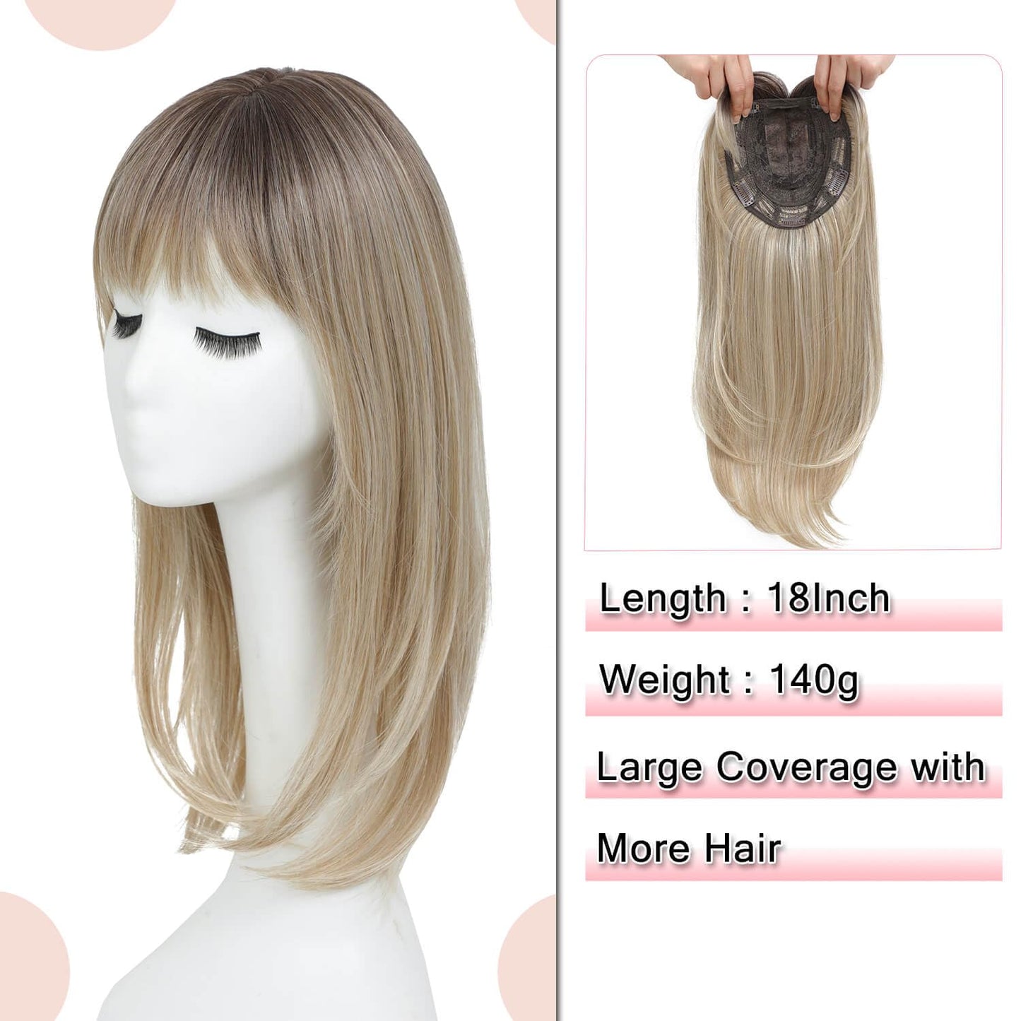 Megito Clip in Synthetic Hair Topper with Bangs for Women, 18inch Hair Topper Long Layered 6.5"X6.5" Big Base Toppers Hairpieces for Women with Thinning Hair Ombre Mix Blonde Color
