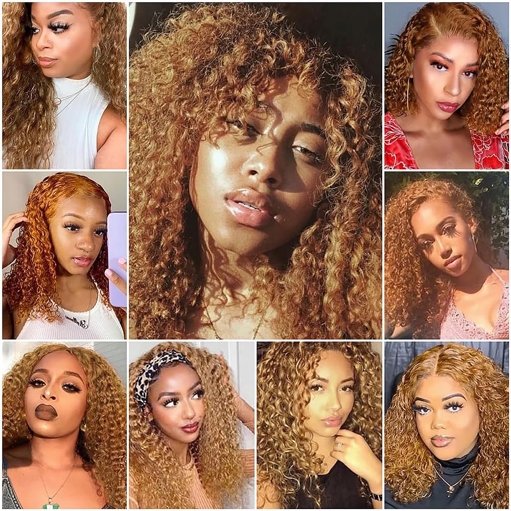 Honey Blonde Human Hair Bundles 16 18 20 Inch Kinky Curly Wave Bundles Human Hair Unprocessed Native Virgin Hair 100/PC 3 Extensions #27 Blonde Color Wet and Wavy Human Hair Extensions for Women