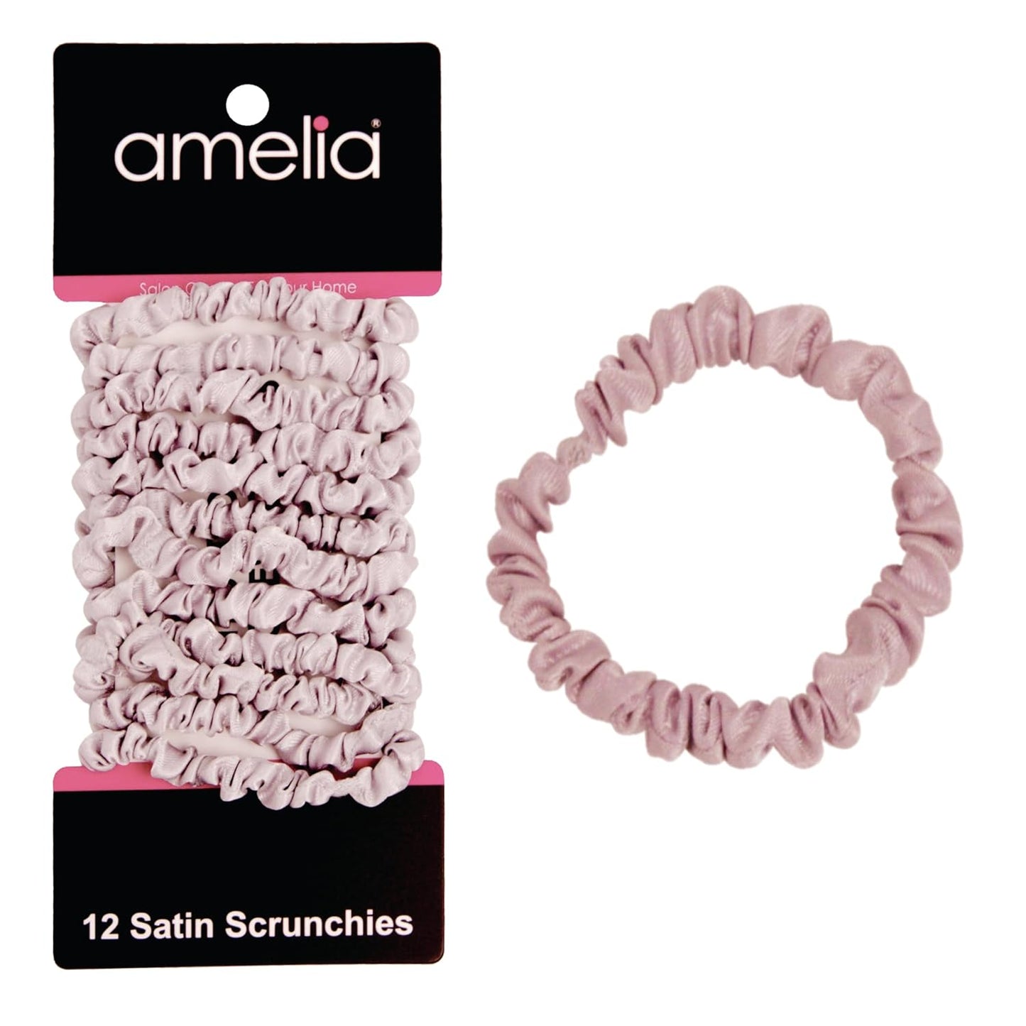 Amelia Beauty, Black, Skinny Satin Scrunchies, 12 Pack – 2in Diameter, Gentle & Strong Hold, No-Snag, No-Dent, Crease-Free Hair Ties