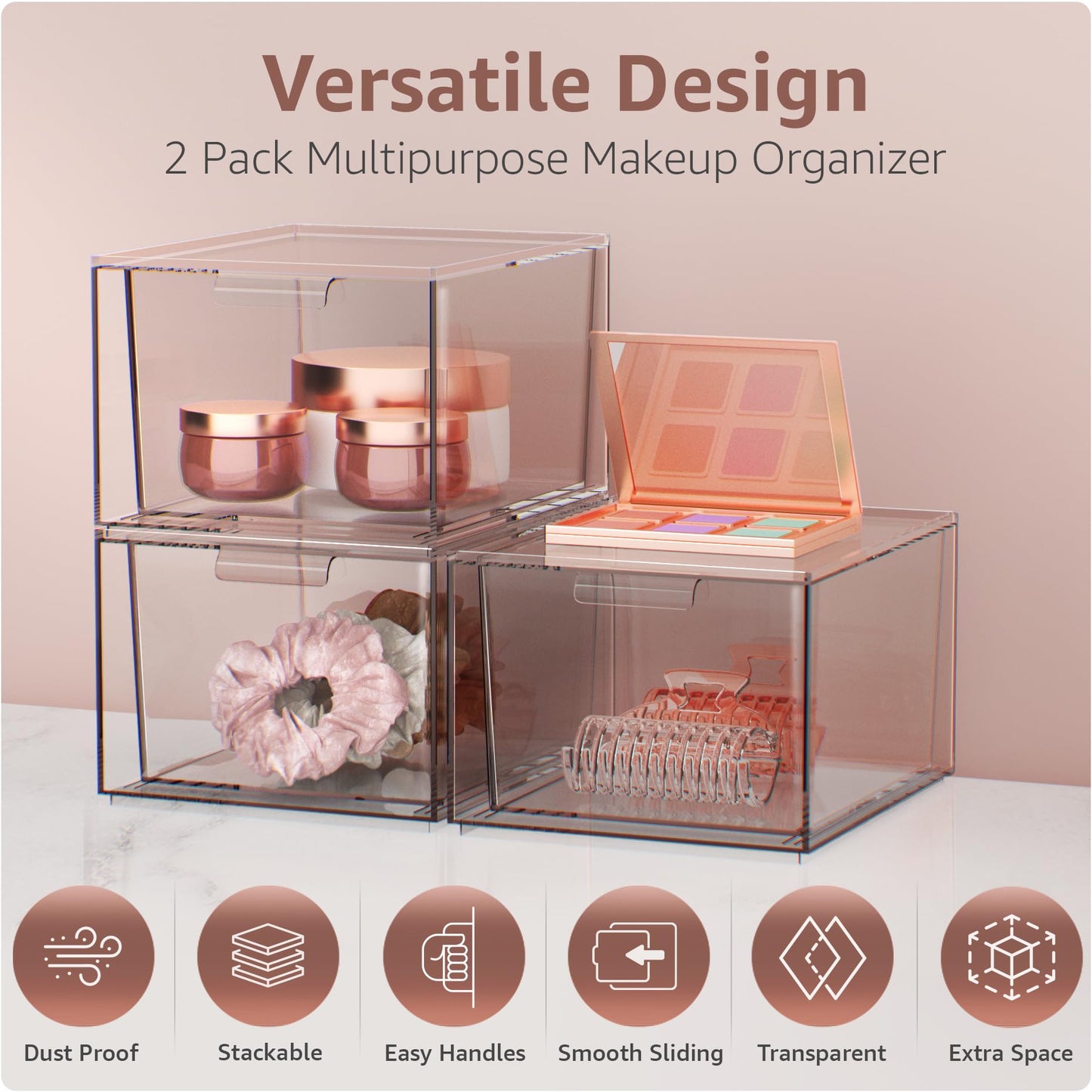 Sorbus 3 Pack Makeup Organizer - Clear Stackable Acrylic Drawer Organizer for Vanity, Bathroom, Undersink, Cabinets, Jewelry, Stationary, Plastic Storage Bins for Office Organization and Storage