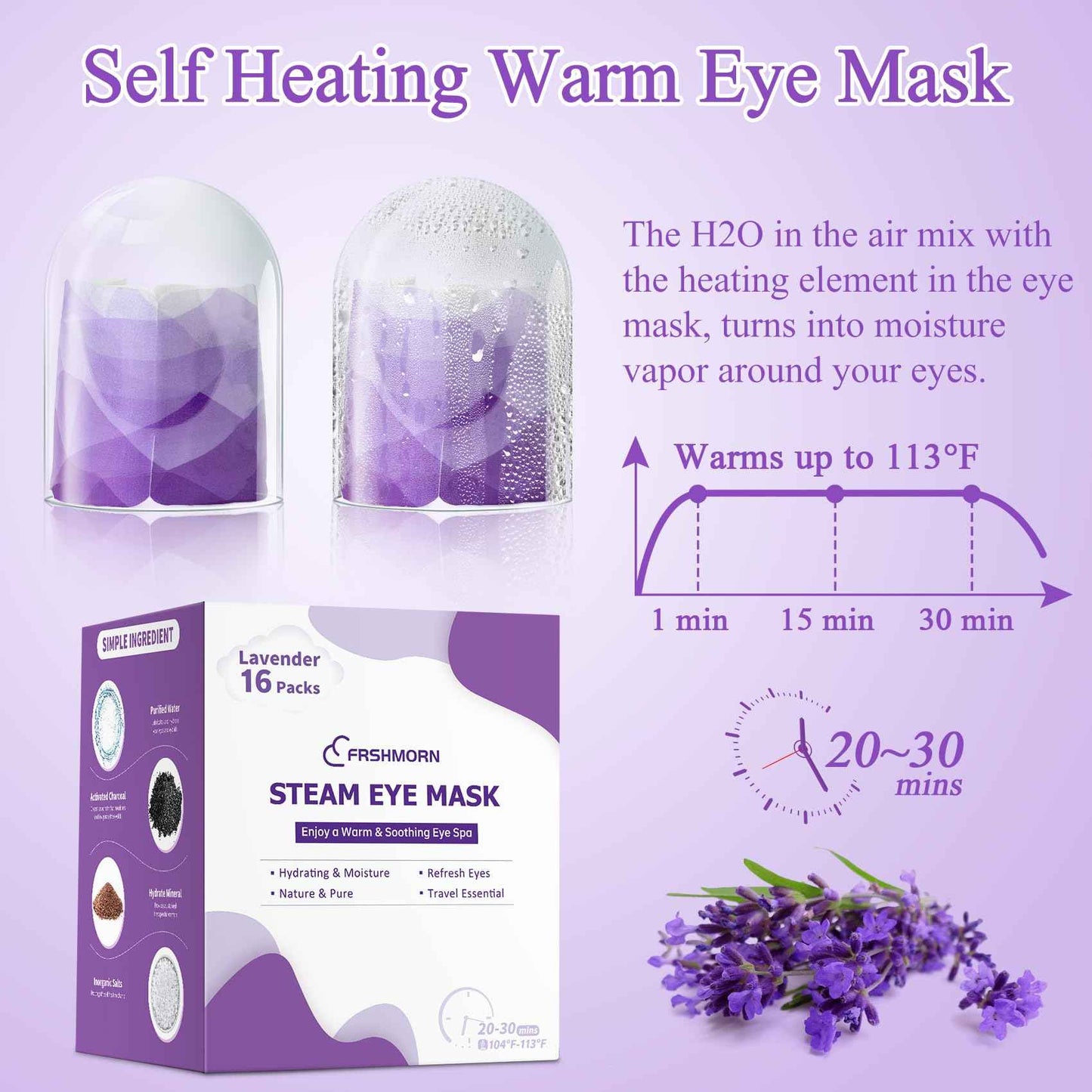 FRSHMORN 32 Packs Steam Eye Mask, Heated Eye Mask Warm Compress for Eyes, Self Heating Disposal Eye Mask Comfortable Sleep Mask for Home Spa, Travel Essentials (Lavender & Chamomile)
