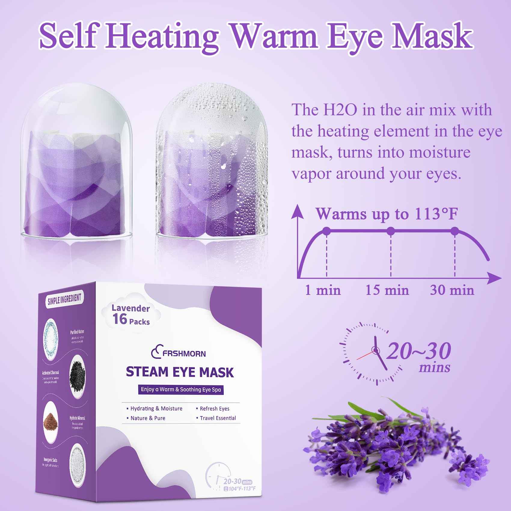 FRSHMORN 32 Packs Steam Eye Mask, Heated Eye Mask Warm Compress for Eyes, Self Heating Disposal Eye Mask Comfortable Sleep Mask for Home Spa, Travel Essentials (Lavender & Chamomile)