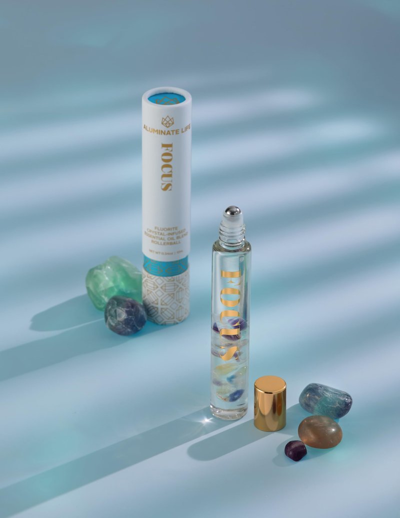 Aluminate Life Essential Oil Rollerballs, .34 OZ, Focus - Fluorite Crystal Infused - Scents of Orange, Ginger, Ylang-ylang, & Lavender - Aromatherapy Roll On Oils, Skin Care, Massage