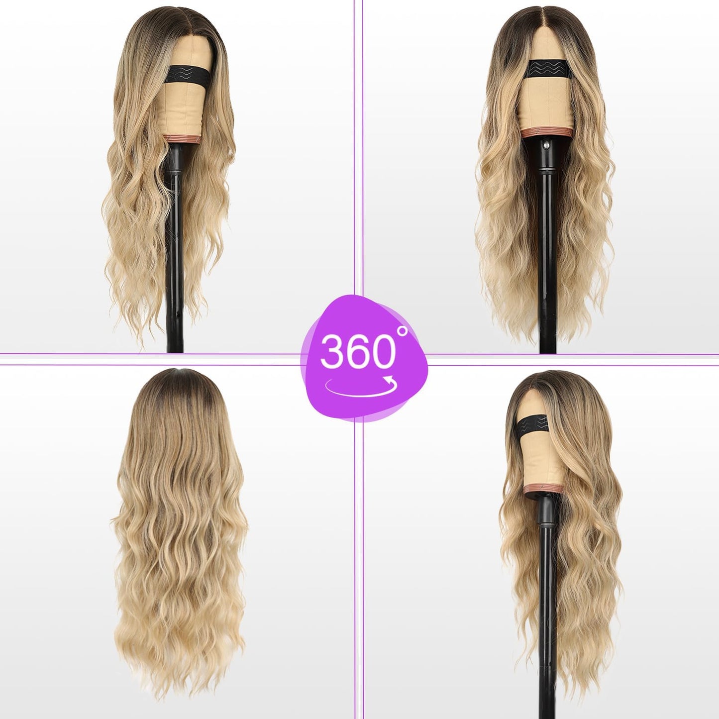 Eawwii Ombre Blonde Wig for Women Long Wavy 4x1 Lace Natural Hairline Glueless for Beginners Middle Part Synthetic for Daily Party Use 26Inch