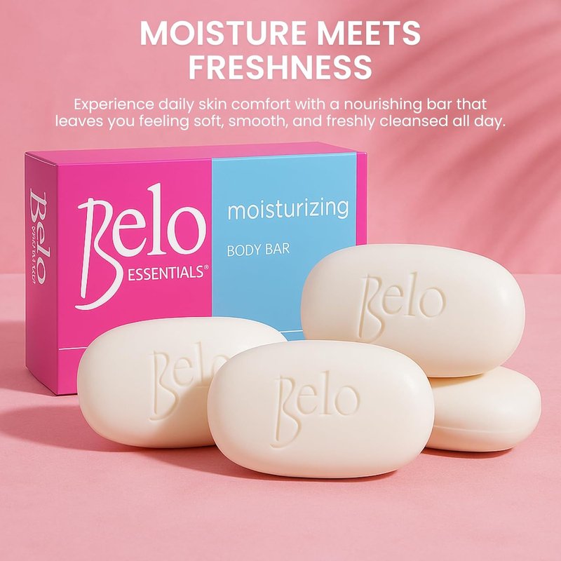 Belo Essentials Moisturizing Body Bar | Gentle Cleansing & Hydrating Skincare - 4 Bars, 135g Each