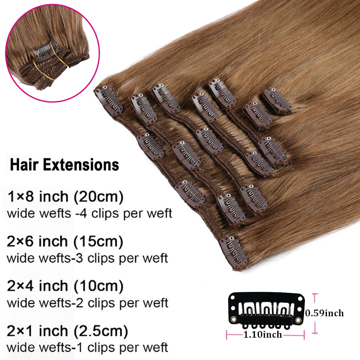 Real Human Hair Clip-In Extensions - Remy Medium Brown 12 Inches | 80g, 7 Pieces, 16 Clips