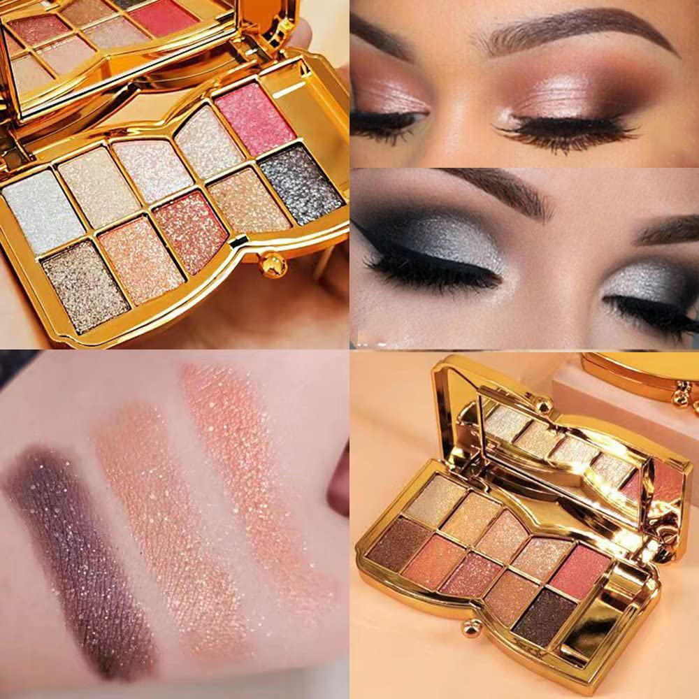 Gold Eye Shadow Eyeshadow Palette Shimmer - 10 Colors Sparkly Eyeshadow Glitter Highly Pigmented Long Lasting Waterproof Sweatproof Professional Nudes Warm Natural Neutral Smoky Cosmetic (#09)