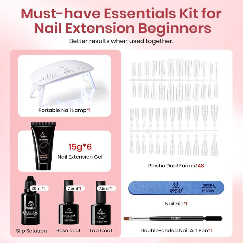 Beetles Poly Extension Gel Nail Kit 6 Colors Poly Nail Gel With Mini Nail Lamp Pink Nude Purple Poly Nail Gel Starter Kit for Beginner Nail Thickening Solutions DIY Home Salon Gift for Women Girls