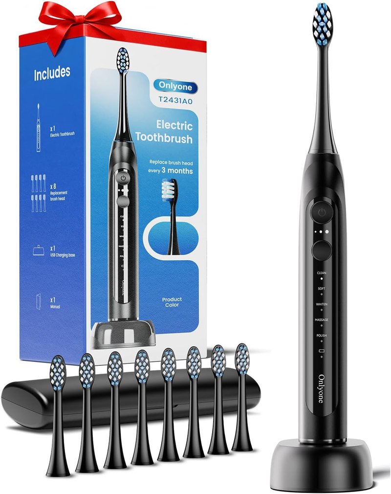 Ultrasonic Electric Toothbrush for Adults - Rechargeable with 8 Brush Heads & Travel Case | 5 Modes, Smart Timer