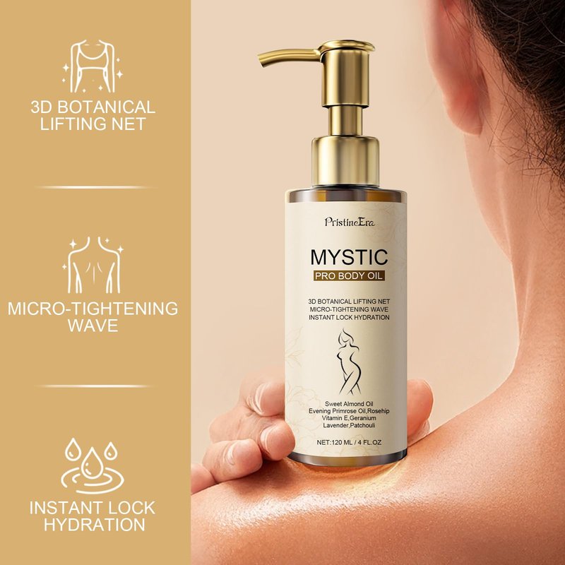 PristineEra Mystic Silk Body Firming Oil, Hydrating Body Oil for Women, Plumps Tightens & Firms Skin, Natural Cold‑Pressed Oil Blend for Dry & Crepey Skin, Luxury After Shower Skin Care, 4.23 fl oz