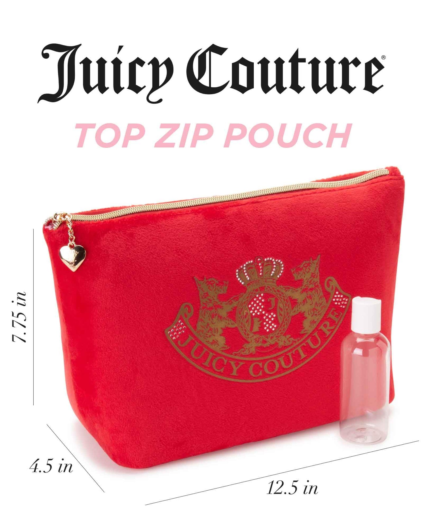 Juicy Couture Red Makeup Bag Cosmetics Organizer Travel Essentials Zip Top Wedge Velour Rhinestones Gold Terrier Dogs