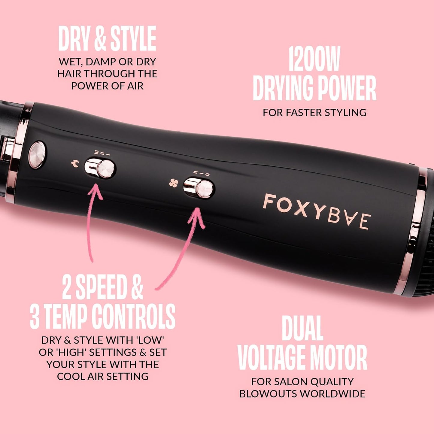 Foxybae 4-in-1 Blow-Dryer Brush Set - Curling Barrel & Diffuser for Frizz-Free Hair | Black Rose-Gold