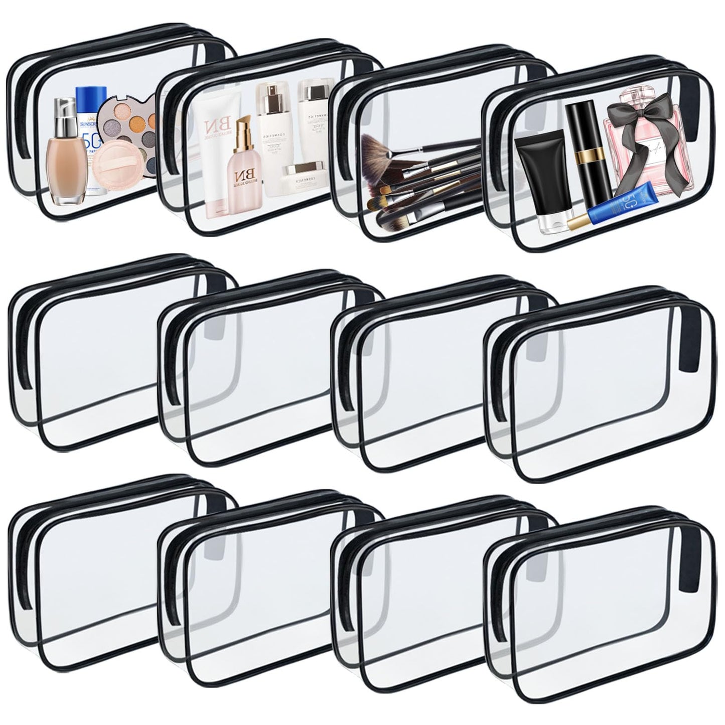 YOQIVEXU 12 Pieces Clear Makeup Bags, TSA Approved Toiletry Bag for Travel, PVC Transparent Cosmetic Pouch with Zipper, Waterproof Vinyl Plastic Organizer Case for Vacation Bathroom (Medium)