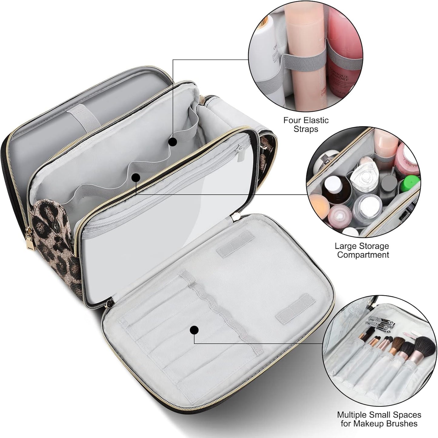 Large Travel Makeup Bag - Water-Resistant Leather Toiletry Organizer | Leopard Print Design