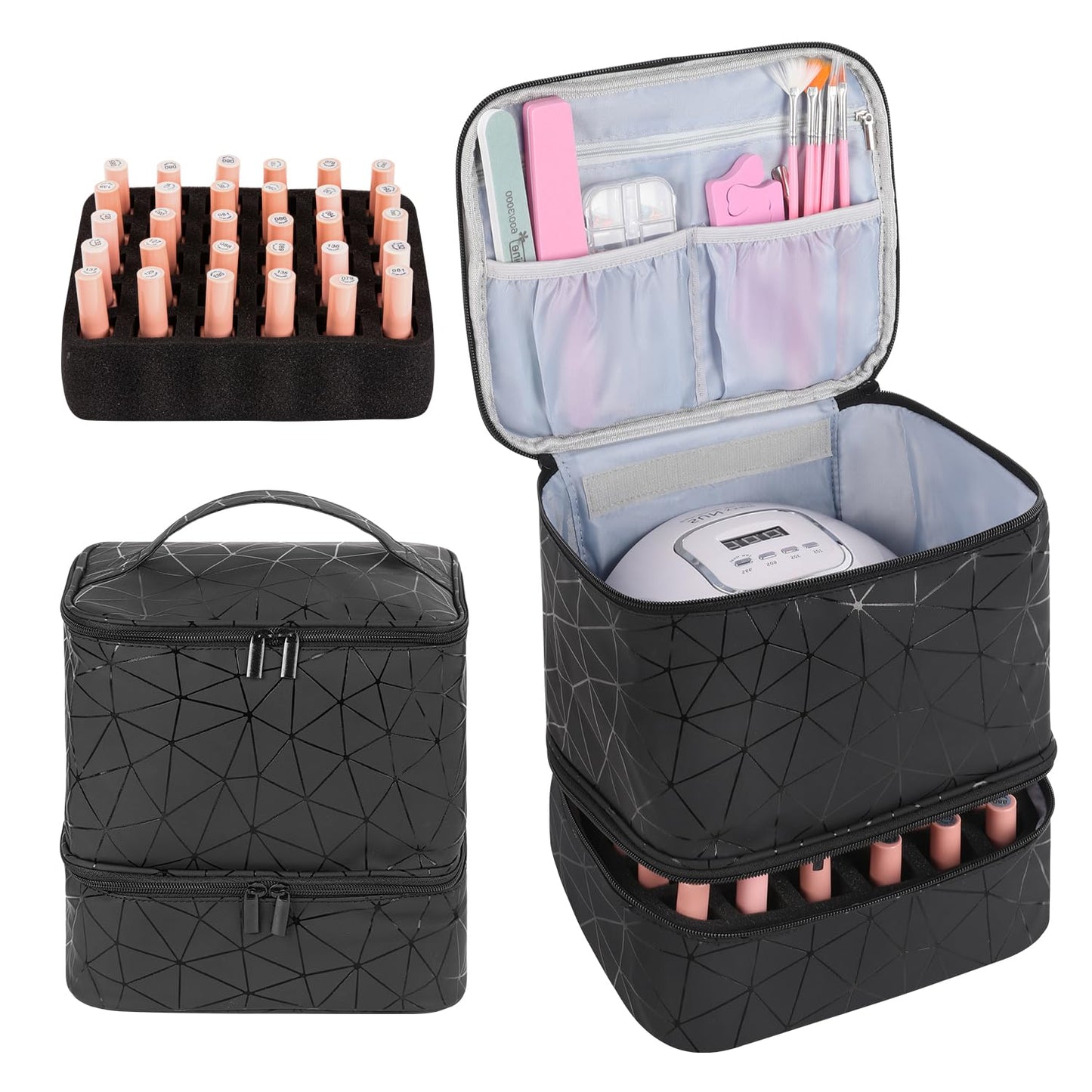 Nail Polish Storage Organizer - Double Layer Gel Nail Polish Bag | Holds 30 Bottles, Portable Compartment Case, Black
