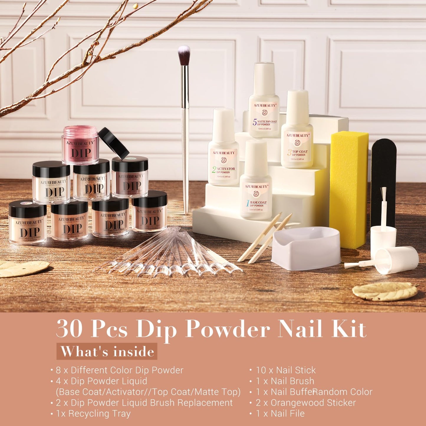 Dip Nail Powder Starter Kit - 8 Colors with Nail Sticks | Glossy & Matte Top Coat, DIY Manicure Essentials, 30 PCS