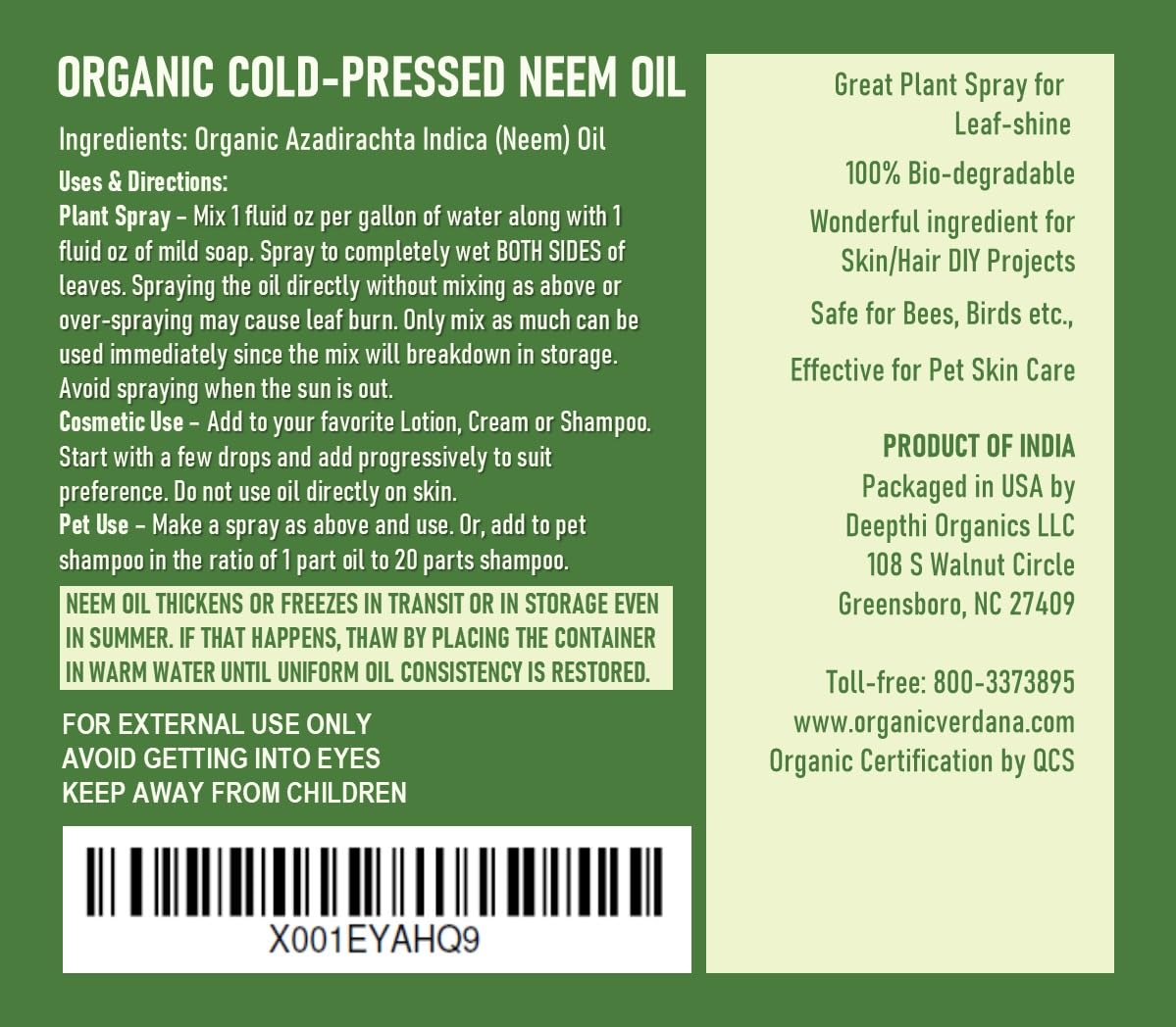 Verdana Organic Neem Oil – Cold Pressed, 100% Pure Neem Seed Oil, Concentrated Multi-Purpose Oil for Skin, Hair & Plant Use, No Additives - 32 Fl Oz