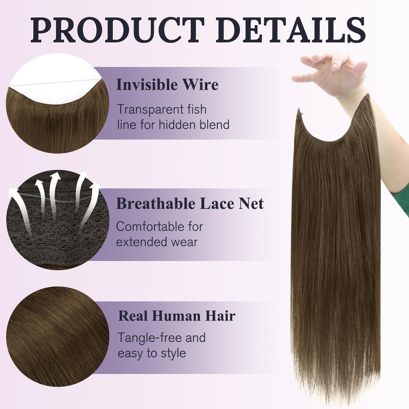 Fshine Invisible Wire Hair Extensions, 10 Inch 56g Medium Brown Color, Layered Hairpiece with Transparent Fish Line, Short Straight Remy Human Hair for Women