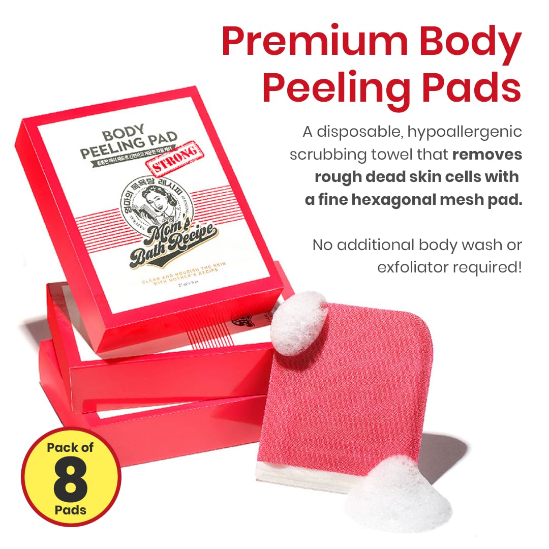 Mom’s Bath Recipe Body Peeling Pad Strong, All in One Bubble Body Wash & Scrub Gloves with Kelp & Biotics, Intense Exfoliating Mitts for Dead Skin Cells, Goosebumps and Scaly Skin, 8 Sheets