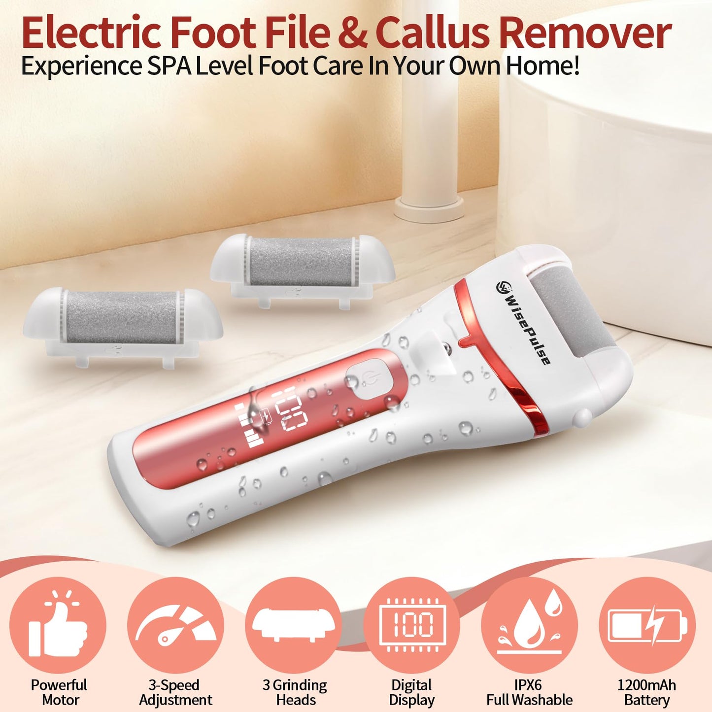 Electric Foot Callus Remover, Rechargeable Electric Callus Remover for Feet with 3 Speed, 9 in 1 Pedicure Kit with Nano-Glass, Waterproof Professional Foot File for Dead, Hard, Cracked Skin(Pink)