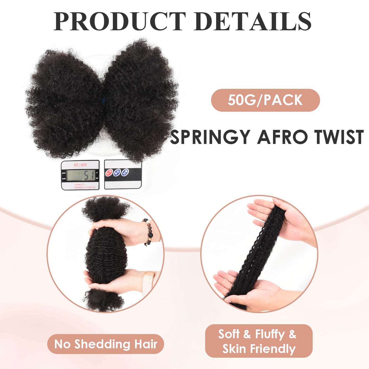 Teresa Springy Afro Twist Human Hair for Braids and Dreadlocks, Natural and Soft pre Fluffed Spring Twist Hair Can be Dyed and Bleached (12 Inch, 50g/Pack)