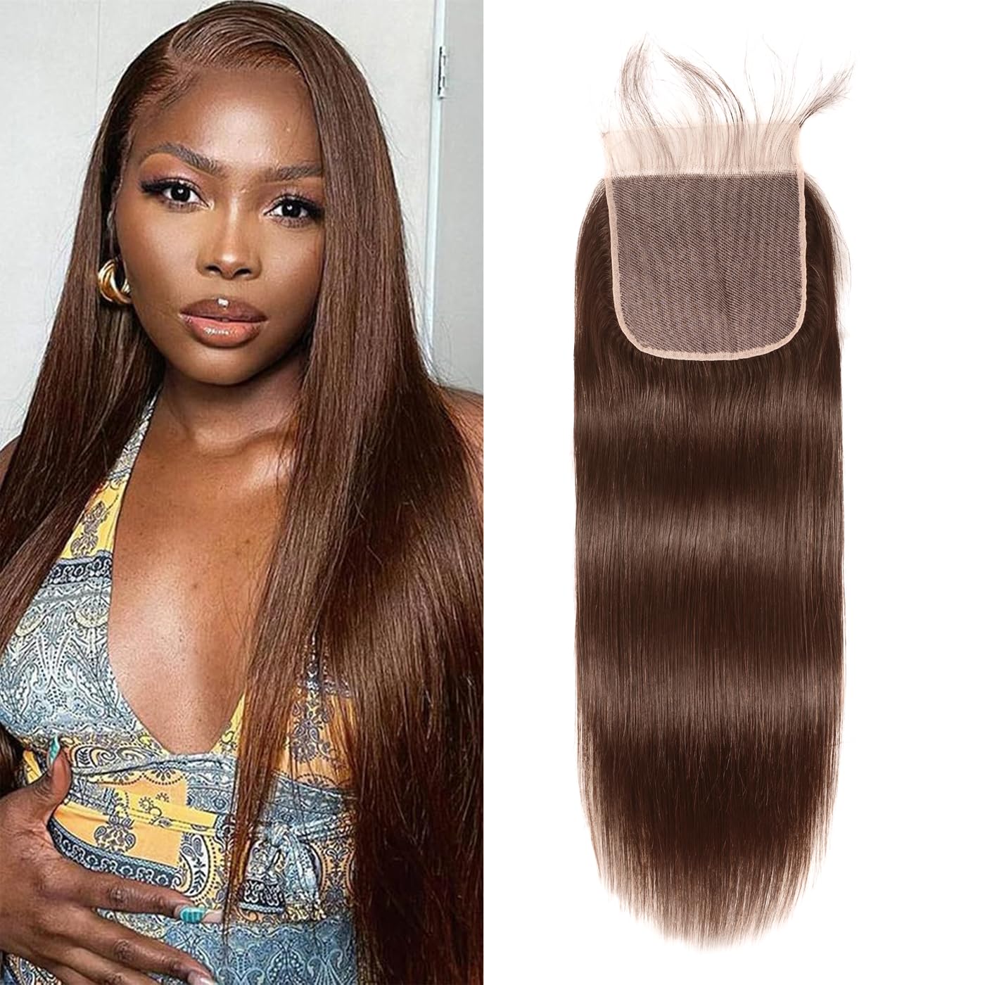 Kafeier 5x5 Chocolate Brown Closure 4# 100% Human Hair Pre Plucked With Baby Hair stright Closure 5 by 5 Lace frontal 12 Inch