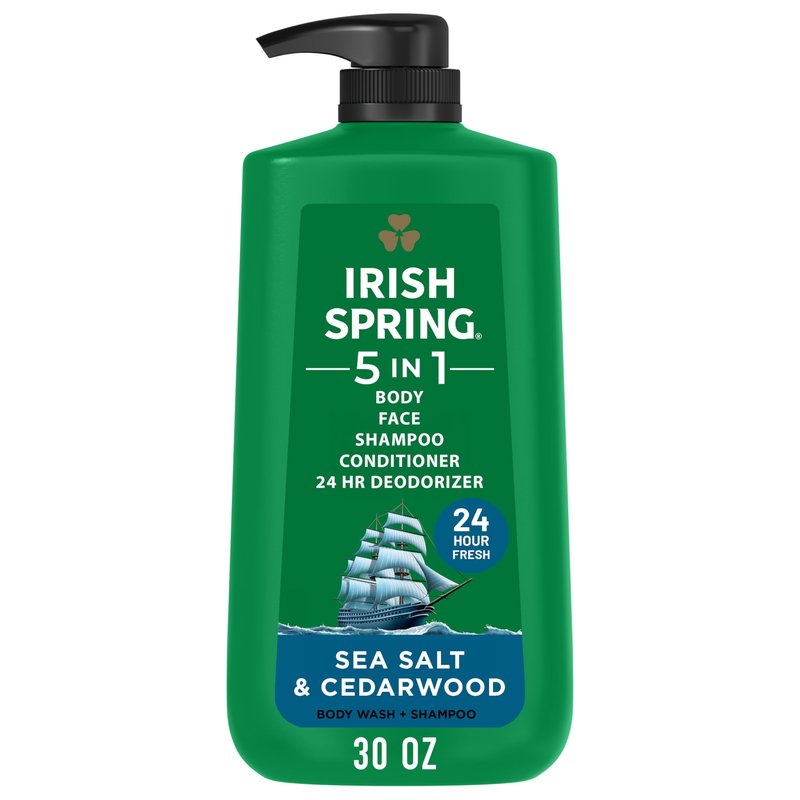 Irish Spring 5 in 1 Moisturizing Body Wash for Men, Shampoo, Conditioner, Body and Face Wash, and 24 Hour Deodorizer, Paraben-Free, Sea Salt & Cedarwood Scent, 30 fl oz