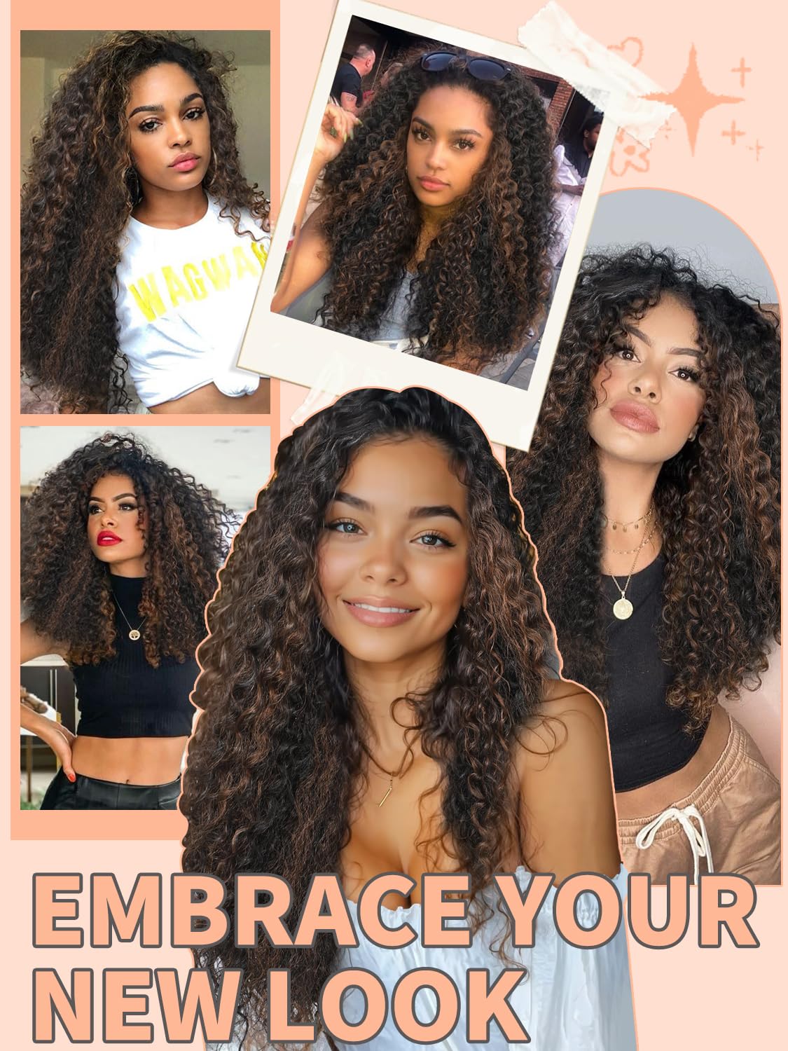 TENACOO Ombre Brown Glueless Curly Wig Brown Highlight Synthetic Lace Front Wig 24 Inch Deep Wave 4x1 Lace Closure Dark Brown Long Curly Wigs for Black White Women (Ombre Brown-24 Inches)