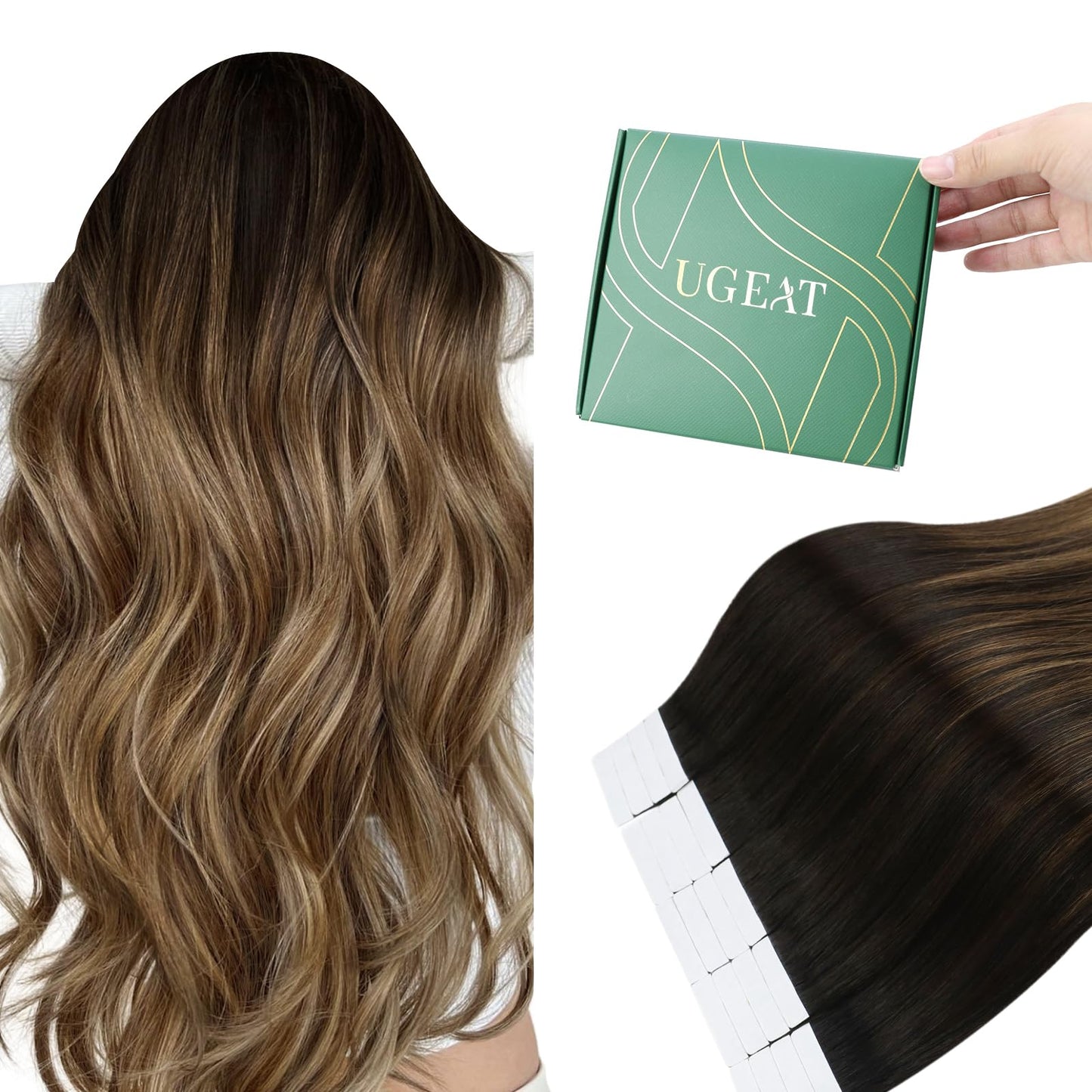 Ugeat Tape in Hair Extensions Human Hair Ombre Human Hair Tape in Extensions Darkest Brown Medium Brown with Golden Blonde Tapes in Extension for Women 14 Inch 40G 20Pcs