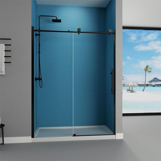 GDGZQD 56" -60 "W x 75" H Frameless Shower Door, Bathroom Sliding Shower Door, SGCC Certified Transparent Tempered Glass Door with Explosion Proof Film