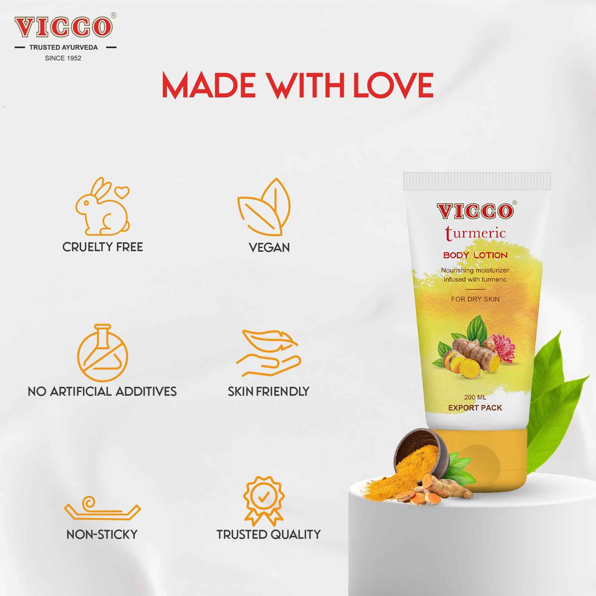 Vicco Turmeric Body Lotion with Herbal Ingredients, Moisturizing Body Lotion, Hydrates & Nourishes Skin, For Daily Skincare Routine, 6.76 Fl Oz (Pack of 2)